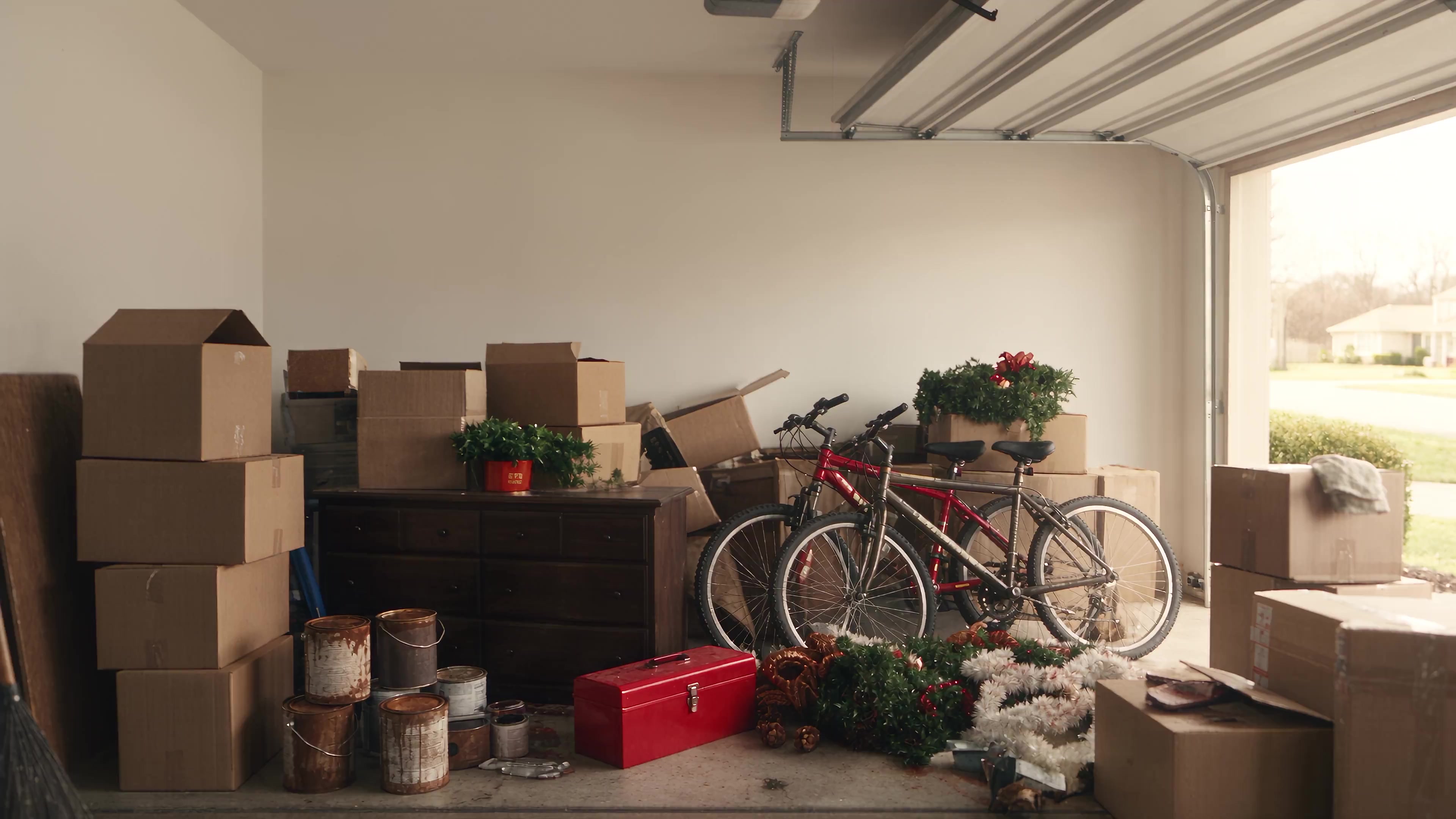 Illustrative garage before organizing, with everyday belongings and storage shelves